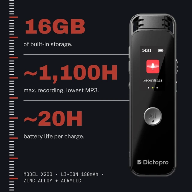 Alt view image 7 of 7 - X200 Digital Voice Activated Recorder with Playback, 16GB 1100H max capacity, 20H battery life, 10m range, password lock, A-B repeat, variable speed, USB-C charging
