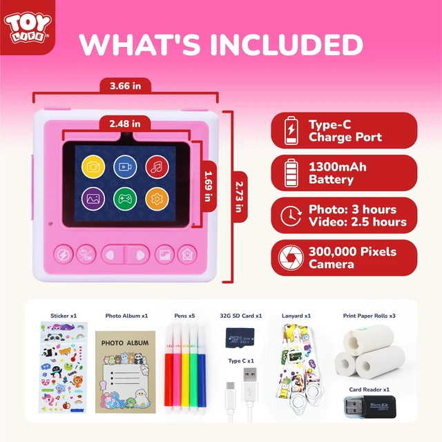 Alt view image 3 of 7 - Kids Instant Print Camera, 1080P, Ages 3-12, Pink 2.4 in screen, 3 paper rolls, 32GB card, 16x zoom, Type-C charging