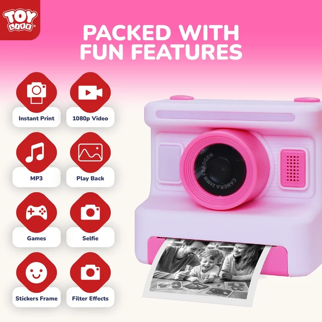Alt view image 4 of 7 - Kids Instant Print Camera, 1080P, Ages 3-12, Pink 2.4 in screen, 3 paper rolls, 32GB card, 16x zoom, Type-C charging