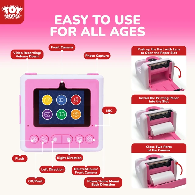 Alt view image 6 of 7 - Kids Instant Print Camera, 1080P, Ages 3-12, Pink 2.4 in screen, 3 paper rolls, 32GB card, 16x zoom, Type-C charging