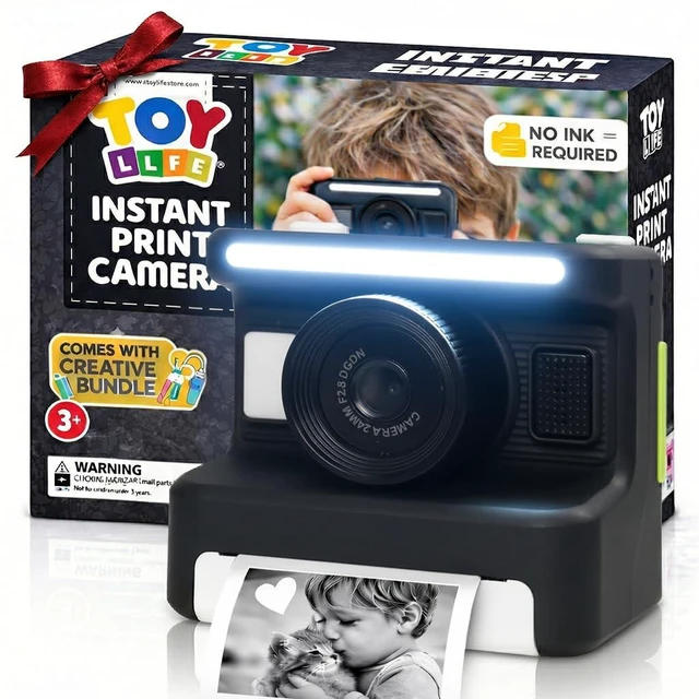 Main image of Kids Instant Print Camera, 1080P, Ages 3-12, Black 2.4 in screen, 3 paper rolls, 32GB card, 16x zoom, Type-C charging