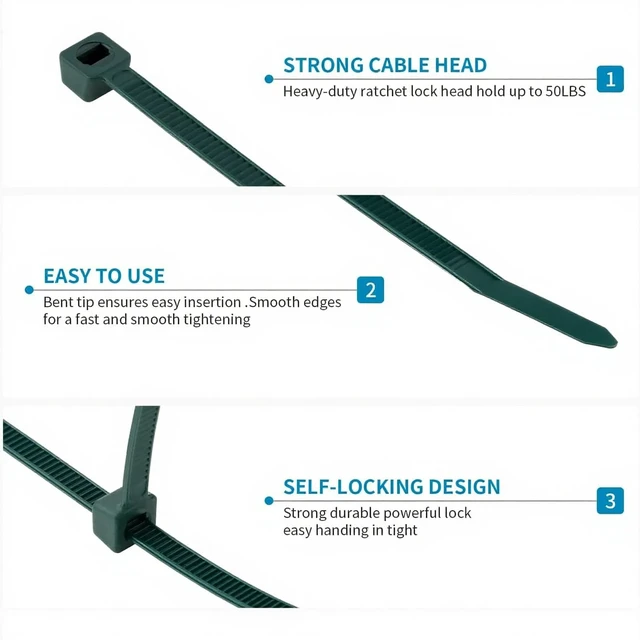 Alt view image 4 of 6 - Garden Green Zip Ties Assorted Size 1500 Pack, 4+6+8+10+12 Inch, Self-Locking UV Resistant Nylon Cable Ties Perfect for Home, Office, Garden and Workshop