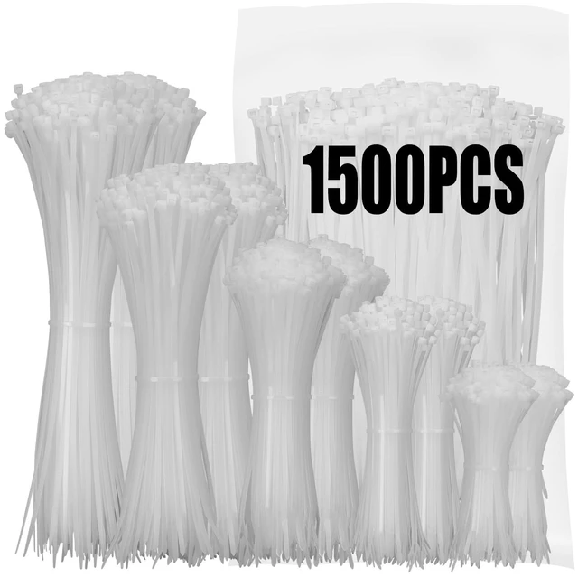 Main image of White Zip Ties Assorted Size 1500 Pack, 4+6+8+10+12 Inch, Self-Locking UV Resistant Nylon Cable T iesPerfect for Home, Office, Garden and Workshop