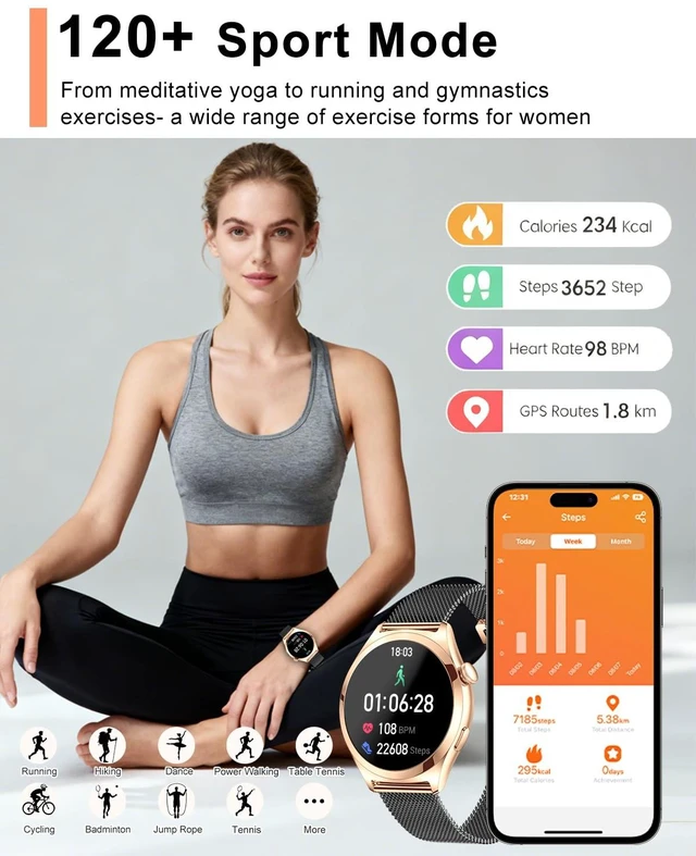 Alt view image 5 of 7 - Smart Watches for Women, 1.27" TFT Touchscreen Smartwatch Answer/Make Call, Activity Fitness Trackers with 120+ Sports/HR/Sleep/SpO2 Monitor, IP68 Waterproof for Android iOS (Gold Black)