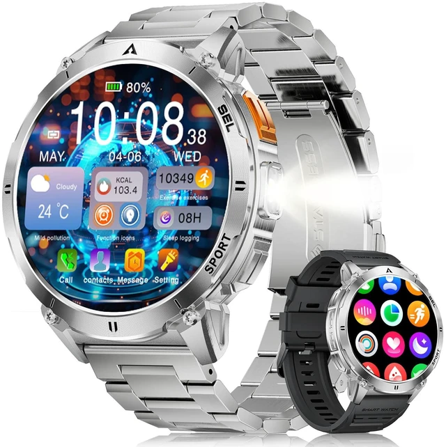 Main image of Military Smart Watches for Men, Smart Watch with 730mAh/1.62" AMOLED Screen/Flashlight/Heart Rate/Sleep/Calling/110+ Sports Mode, Rugged Men's Fitness Tracker Watch for Android iOS,Silver