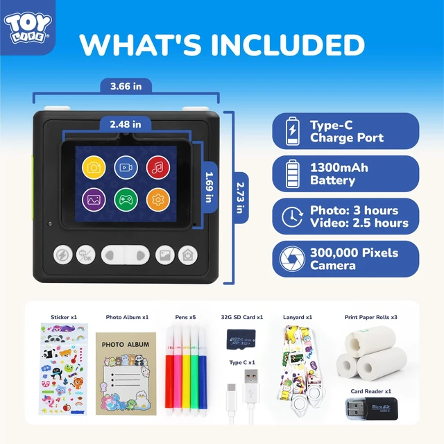 Alt view image 3 of 7 - Kids Instant Print Camera, 1080P, Ages 3-12, Black 2.4 in screen, 3 paper rolls, 32GB card, 16x zoom, Type-C charging
