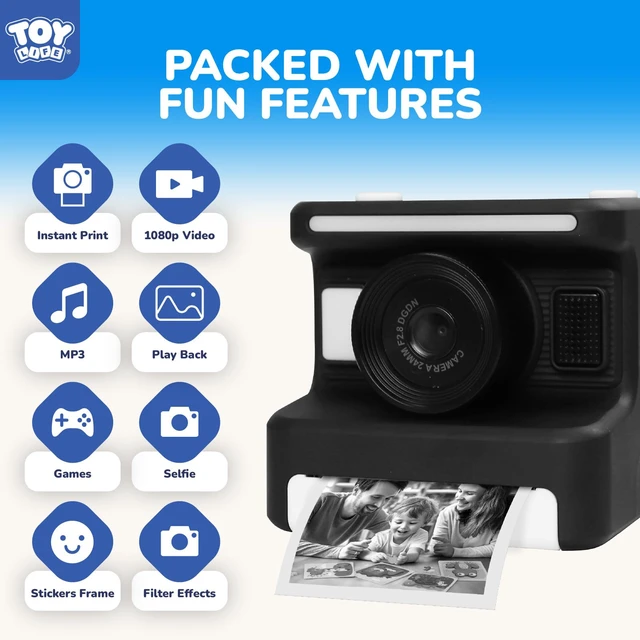 Alt view image 4 of 7 - Kids Instant Print Camera, 1080P, Ages 3-12, Black 2.4 in screen, 3 paper rolls, 32GB card, 16x zoom, Type-C charging