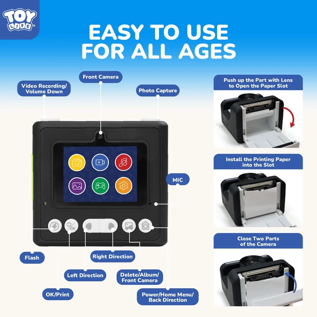 Alt view image 6 of 7 - Kids Instant Print Camera, 1080P, Ages 3-12, Black 2.4 in screen, 3 paper rolls, 32GB card, 16x zoom, Type-C charging