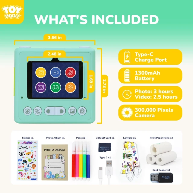 Alt view image 3 of 7 - Kids Instant Print Camera, 1080P, Ages 3-12, Teal 2.4 in screen, 3 paper rolls, 32GB card, 16x zoom, Type-C charging