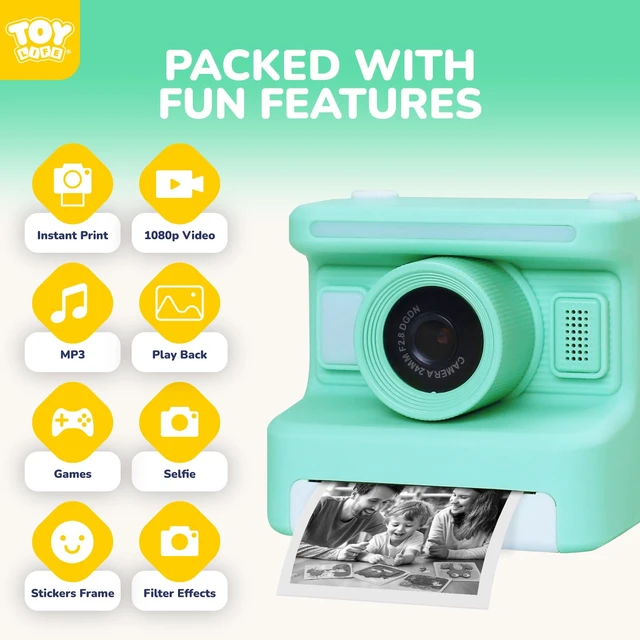 Alt view image 4 of 7 - Kids Instant Print Camera, 1080P, Ages 3-12, Teal 2.4 in screen, 3 paper rolls, 32GB card, 16x zoom, Type-C charging