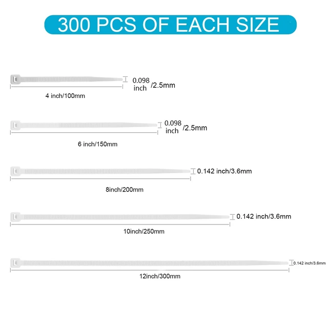 Alt view image 2 of 7 - White Zip Ties Assorted Size 1500 Pack, 4+6+8+10+12 Inch, Self-Locking UV Resistant Nylon Cable T iesPerfect for Home, Office, Garden and Workshop