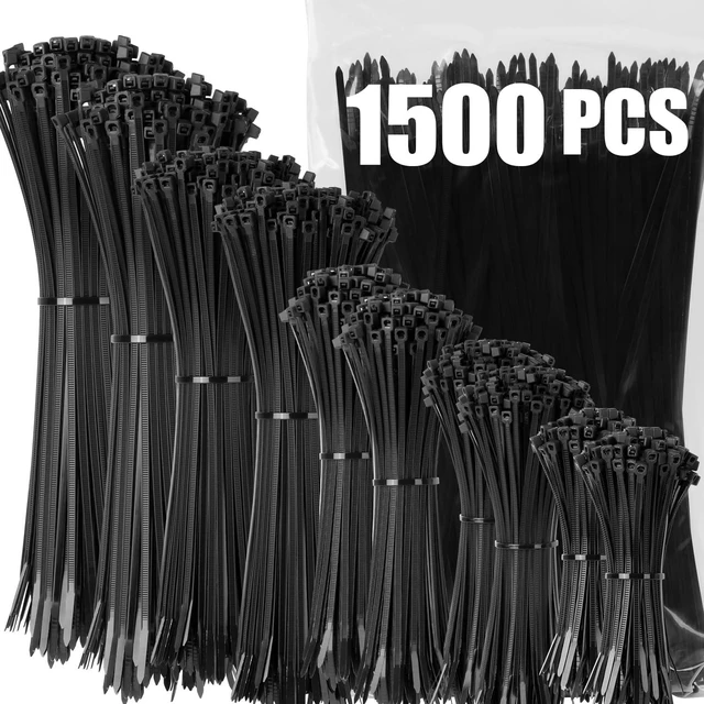 Main image of Black Zip Ties Assorted Size 1500 Pack, 4+6+8+10+12 Inch, Self-Locking UV Resistant Nylon Cable Ties Perfect for Home, Office, Garden and Workshop