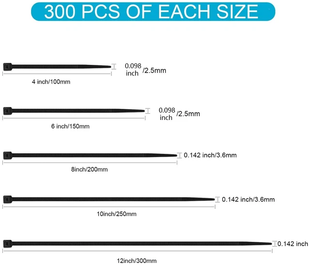 Alt view image 2 of 6 - Black Zip Ties Assorted Size 1500 Pack, 4+6+8+10+12 Inch, Self-Locking UV Resistant Nylon Cable Ties Perfect for Home, Office, Garden and Workshop