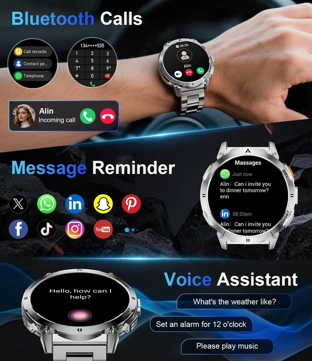 Alt view image 4 of 7 - Military Smart Watches for Men, Smart Watch with 730mAh/1.62" AMOLED Screen/Flashlight/Heart Rate/Sleep/Calling/110+ Sports Mode, Rugged Men's Fitness Tracker Watch for Android iOS,Silver