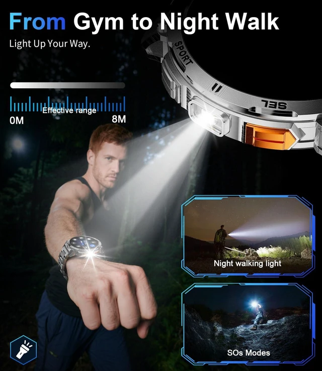Alt view image 6 of 7 - Military Smart Watches for Men, Smart Watch with 730mAh/1.62" AMOLED Screen/Flashlight/Heart Rate/Sleep/Calling/110+ Sports Mode, Rugged Men's Fitness Tracker Watch for Android iOS,Silver