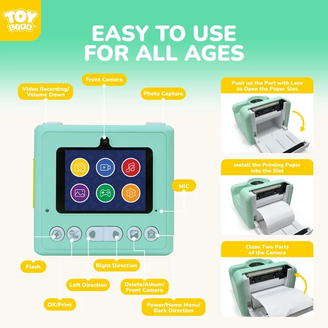 Alt view image 6 of 7 - Kids Instant Print Camera, 1080P, Ages 3-12, Teal 2.4 in screen, 3 paper rolls, 32GB card, 16x zoom, Type-C charging