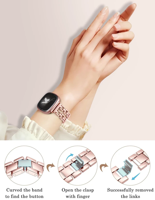 Alt view image 4 of 6 - Metal Band Compatible with Fitbit Versa 4 3/Sense 2 1 Bands Women Dressy Chain Strap Designer Stainless Steel Bracelet Wristband for Versa 3 4/Sense 2/Sense Smartwatch Accessories