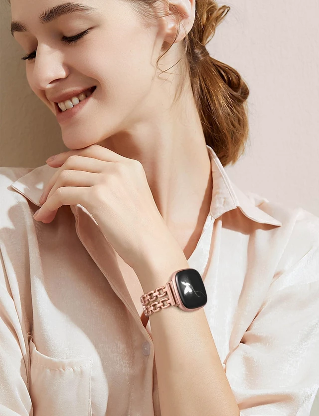 Alt view image 6 of 6 - Metal Band Compatible with Fitbit Versa 4 3/Sense 2 1 Bands Women Dressy Chain Strap Designer Stainless Steel Bracelet Wristband for Versa 3 4/Sense 2/Sense Smartwatch Accessories