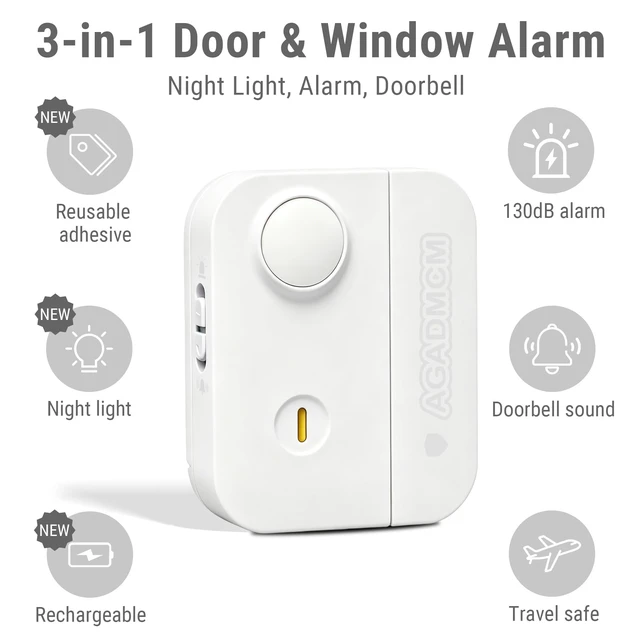 Alt view image 2 of 7 - 3-in-1 Personal Safety Door Alarm for Travel, at Home, or Window Security 130dB Loud Siren and Strobe Light, Portable Rechargeable with Doorbell and Night Light Flashlight (Snow)