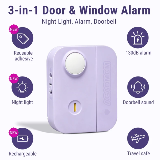 Alt view image 2 of 7 - 3-in-1 Personal Safety Door Alarm for Travel, at Home, or Window Security 130dB Loud Siren and Strobe Light, Portable Rechargeable with Doorbell and Night Light Flashlight (Lavender Purple)