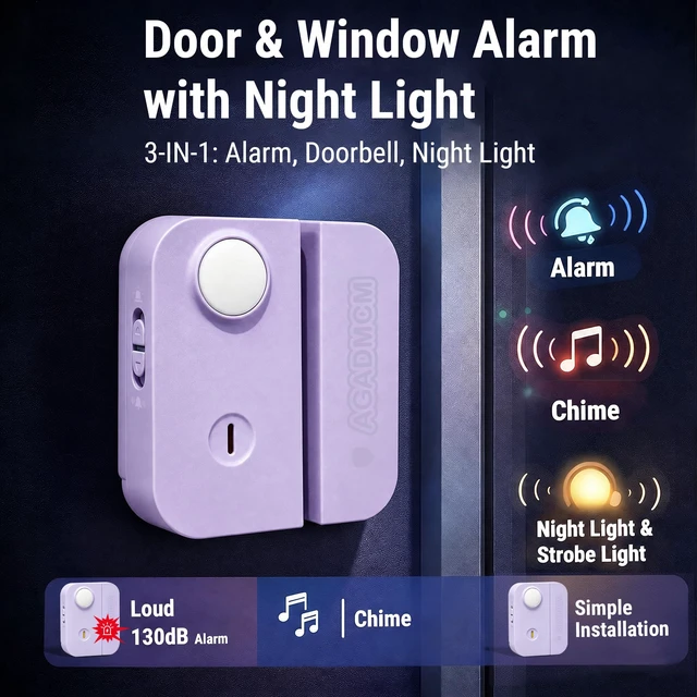 Alt view image 3 of 7 - 3-in-1 Personal Safety Door Alarm for Travel, at Home, or Window Security 130dB Loud Siren and Strobe Light, Portable Rechargeable with Doorbell and Night Light Flashlight (Lavender Purple)