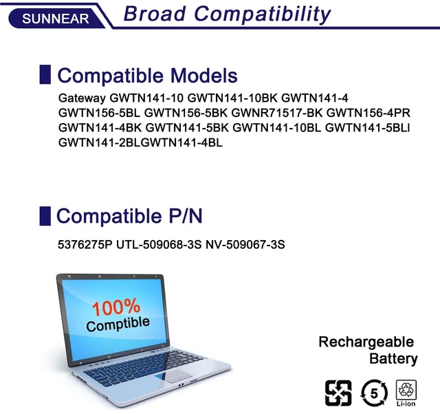 Alt view image 4 of 6 - 5376275P UTL-509068-3S Laptop Battery Replacement for Gateway GWTN141-10 GWTN141-10BK GWTN141-10BL WTN141-10GR GWTN141-4 GWTN141-2BL GWTN141-5BK GWTN156-5BL GWTN156-1RG GWTN156-9SL NV-509067-3S 3-cell