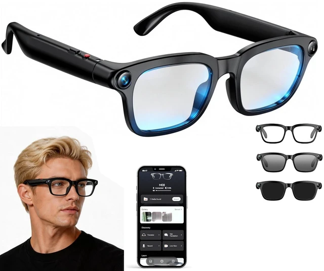 Main image of Smart Glasses with Camera, 4K HD Video, 1080P Video Recording & Photo Capture, Open-Ear Bluetooth Audio, AI Translation & Voice Assistant, Dual Lens Wearable Sunglasses for Travel Sports