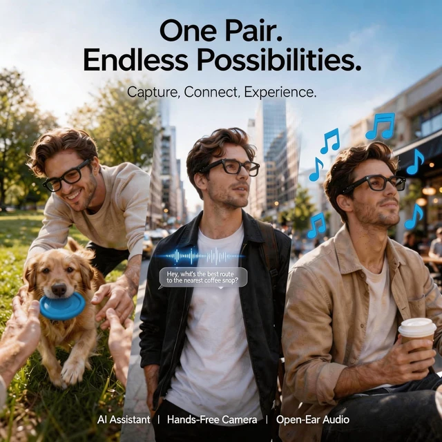 Alt view image 6 of 6 - Smart Glasses with Camera, 4K HD Video, 1080P Video Recording & Photo Capture, Open-Ear Bluetooth Audio, AI Translation & Voice Assistant, Dual Lens Wearable Sunglasses for Travel Sports