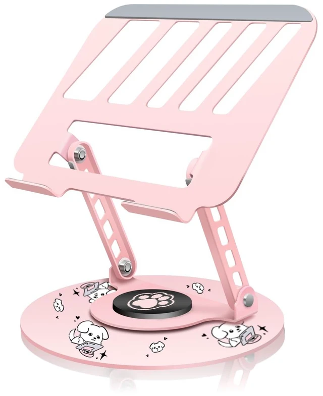 Main image of Upgraded Pink Swivel Laptop Stand - 360° Rotating Base & Foldable Cute Dog Patterns for Healing Vibe Fits MacBook & 13-15" Laptops Ideal for Desk Work,Office,Travel,Home,Painting