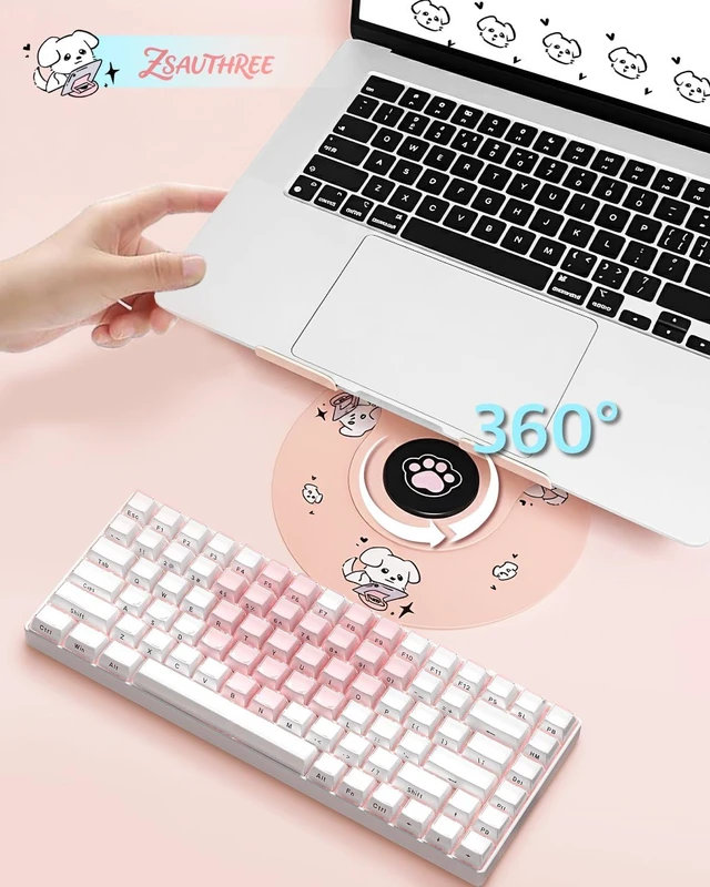Alt view image 3 of 7 - Upgraded Pink Swivel Laptop Stand - 360° Rotating Base & Foldable Cute Dog Patterns for Healing Vibe Fits MacBook & 13-15" Laptops Ideal for Desk Work,Office,Travel,Home,Painting