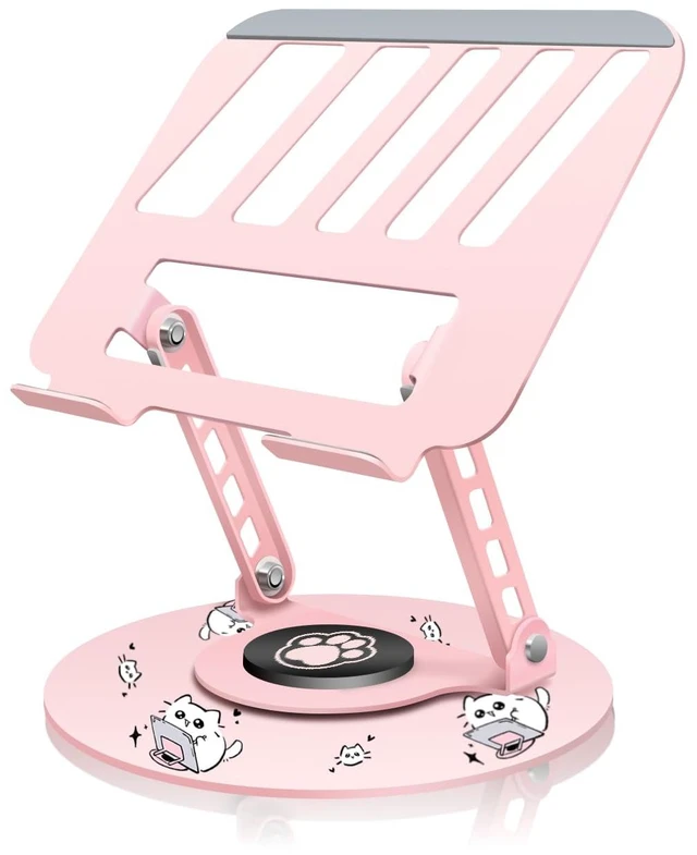 Main image of Upgraded Pink Swivel Laptop Stand - 360° Rotating Base & Foldable Cute Cat Patterns for Healing Vibe Fits MacBook & 13-15" Laptops Ideal for Desk Work,Office,Travel,Home,Painting