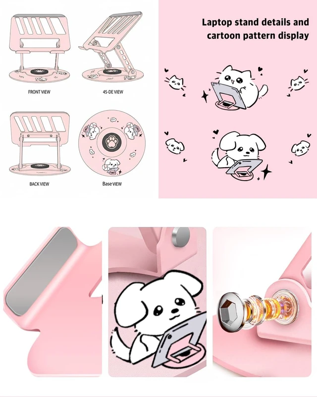 Alt view image 7 of 7 - Upgraded Pink Swivel Laptop Stand - 360° Rotating Base & Foldable Cute Dog Patterns for Healing Vibe Fits MacBook & 13-15" Laptops Ideal for Desk Work,Office,Travel,Home,Painting