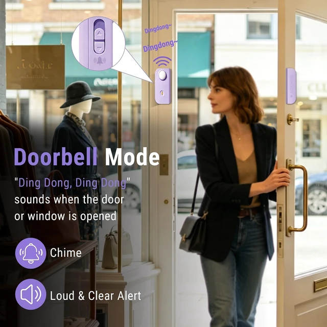 Alt view image 4 of 7 - 3-in-1 Personal Safety Door Alarm for Travel, at Home, or Window Security 130dB Loud Siren and Strobe Light, Portable Rechargeable with Doorbell and Night Light Flashlight (Lavender Purple)