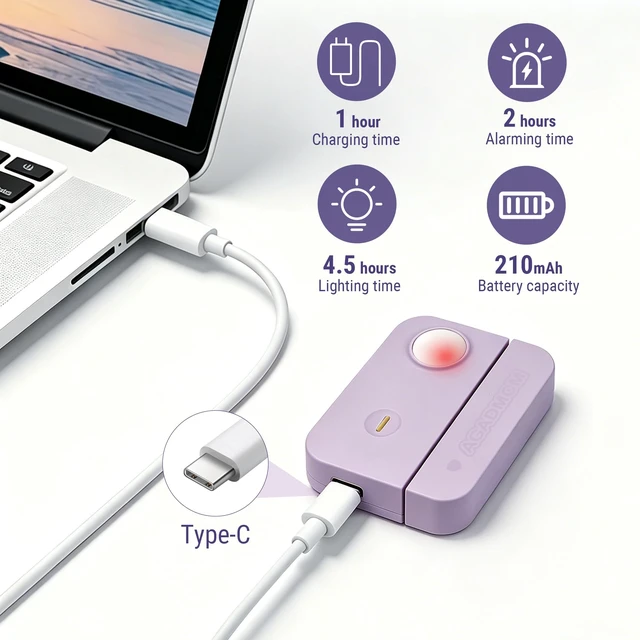 Alt view image 5 of 7 - 3-in-1 Personal Safety Door Alarm for Travel, at Home, or Window Security 130dB Loud Siren and Strobe Light, Portable Rechargeable with Doorbell and Night Light Flashlight (Lavender Purple)
