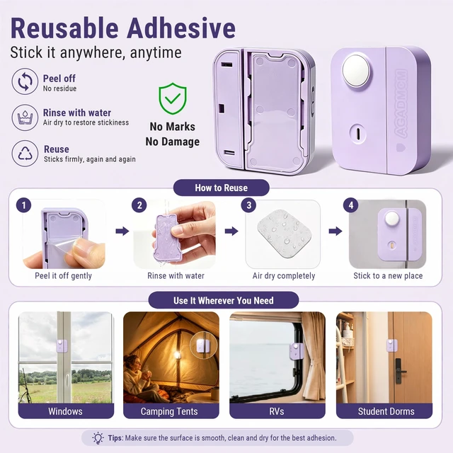 Alt view image 6 of 7 - 3-in-1 Personal Safety Door Alarm for Travel, at Home, or Window Security 130dB Loud Siren and Strobe Light, Portable Rechargeable with Doorbell and Night Light Flashlight (Lavender Purple)