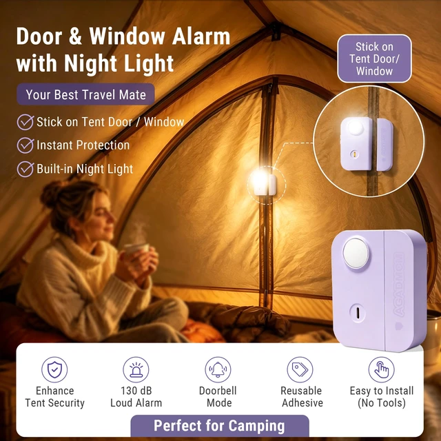 Alt view image 7 of 7 - 3-in-1 Personal Safety Door Alarm for Travel, at Home, or Window Security 130dB Loud Siren and Strobe Light, Portable Rechargeable with Doorbell and Night Light Flashlight (Lavender Purple)