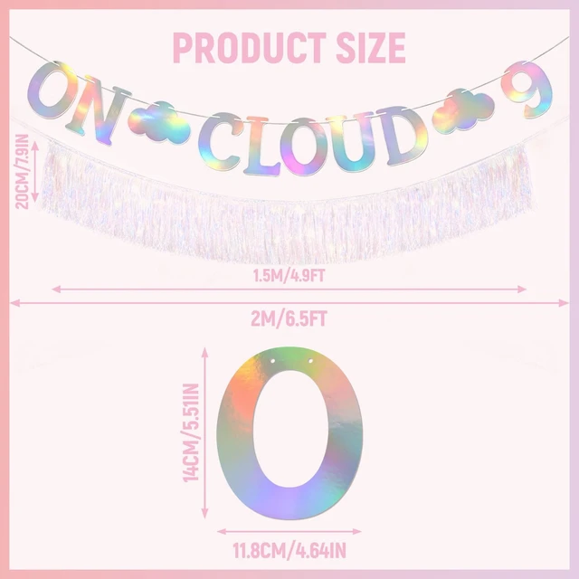 Alt view image 2 of 7 - 2Pcs On Cloud 9 Birthday Decorations for Girls - Cloud 9th Birthday Party Banner, Bachelorette Party Decorations, Iridescent Foil Fringe Curtain Backdrop