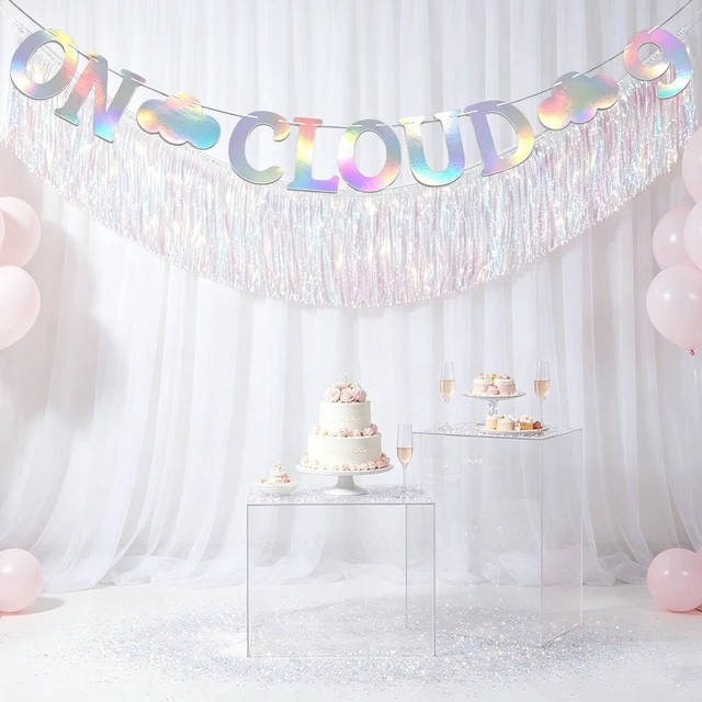 Alt view image 4 of 7 - 2Pcs On Cloud 9 Birthday Decorations for Girls - Cloud 9th Birthday Party Banner, Bachelorette Party Decorations, Iridescent Foil Fringe Curtain Backdrop