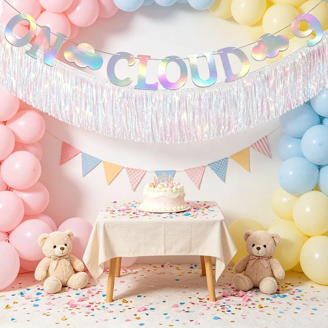 Alt view image 5 of 7 - 2Pcs On Cloud 9 Birthday Decorations for Girls - Cloud 9th Birthday Party Banner, Bachelorette Party Decorations, Iridescent Foil Fringe Curtain Backdrop