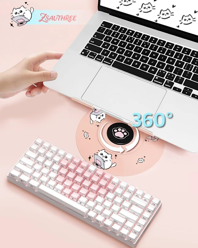 Alt view image 3 of 7 - Upgraded Pink Swivel Laptop Stand - 360° Rotating Base & Foldable Cute Cat Patterns for Healing Vibe Fits MacBook & 13-15" Laptops Ideal for Desk Work,Office,Travel,Home,Painting