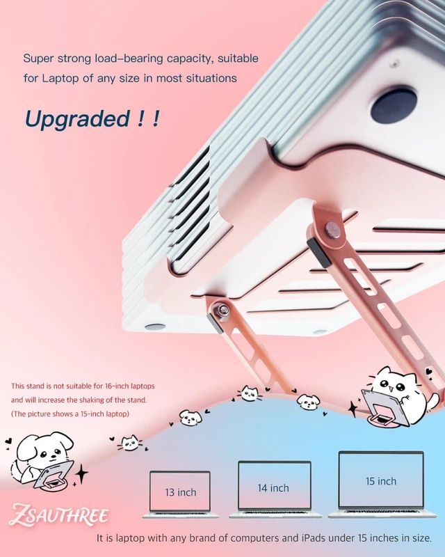 Alt view image 4 of 7 - Upgraded Pink Swivel Laptop Stand - 360° Rotating Base & Foldable Cute Cat Patterns for Healing Vibe Fits MacBook & 13-15" Laptops Ideal for Desk Work,Office,Travel,Home,Painting