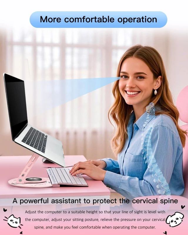 Alt view image 5 of 7 - Upgraded Pink Swivel Laptop Stand - 360° Rotating Base & Foldable Cute Cat Patterns for Healing Vibe Fits MacBook & 13-15" Laptops Ideal for Desk Work,Office,Travel,Home,Painting