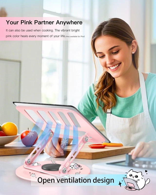Alt view image 6 of 7 - Upgraded Pink Swivel Laptop Stand - 360° Rotating Base & Foldable Cute Cat Patterns for Healing Vibe Fits MacBook & 13-15" Laptops Ideal for Desk Work,Office,Travel,Home,Painting