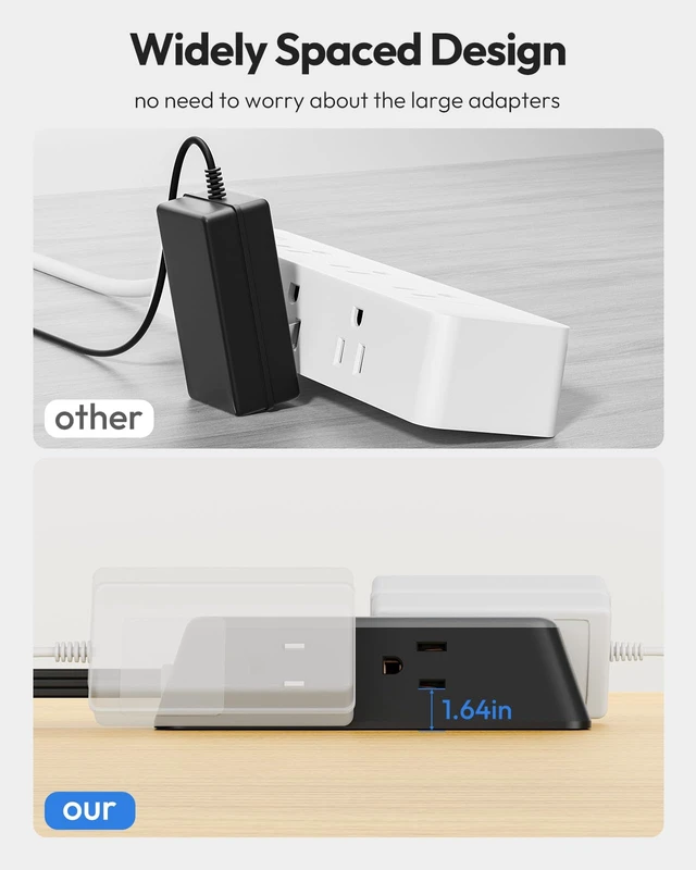 Alt view image 2 of 7 - 10FT Black Extension Cord, Power Strip with 6 Outlets & 3 USB Ports (1USB C), 3 Side Outlet Extender, Wall Mounted Extension Cord for Home Office Living Room