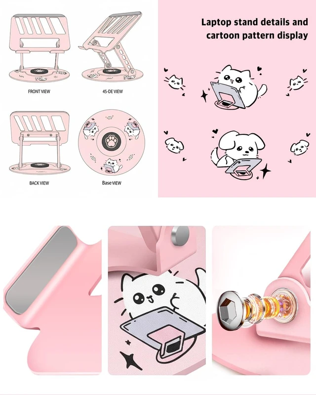 Alt view image 7 of 7 - Upgraded Pink Swivel Laptop Stand - 360° Rotating Base & Foldable Cute Cat Patterns for Healing Vibe Fits MacBook & 13-15" Laptops Ideal for Desk Work,Office,Travel,Home,Painting