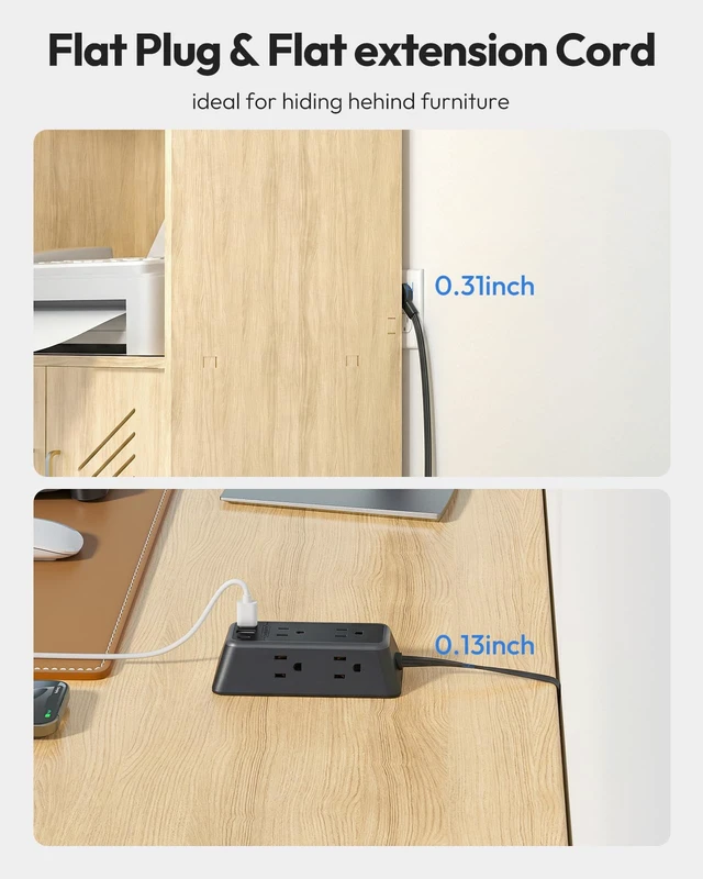 Alt view image 3 of 7 - 10FT Black Extension Cord, Power Strip with 6 Outlets & 3 USB Ports (1USB C), 3 Side Outlet Extender, Wall Mounted Extension Cord for Home Office Living Room