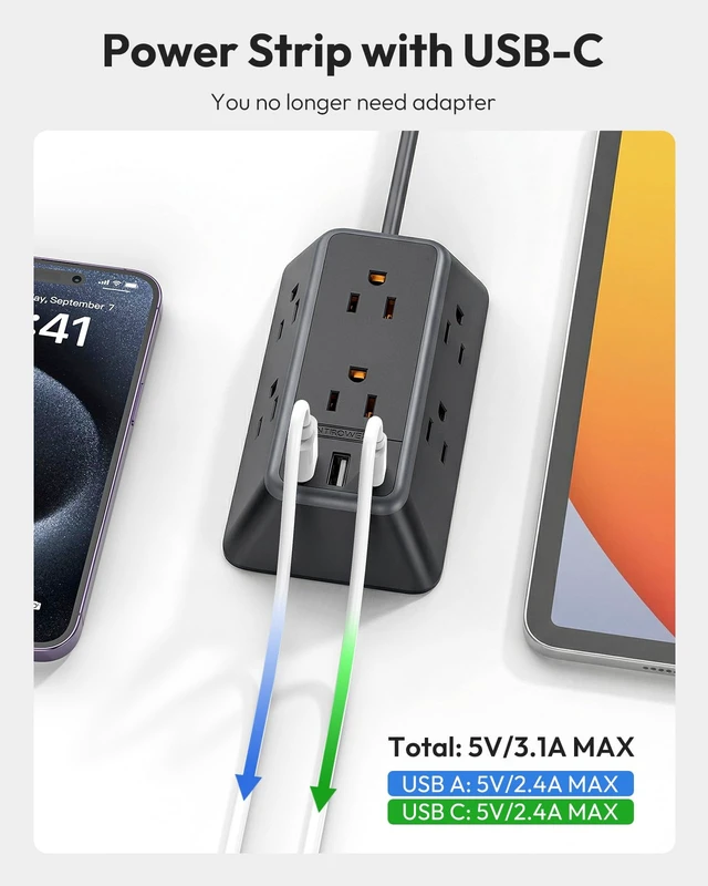 Alt view image 4 of 7 - 10FT Black Extension Cord, Power Strip with 6 Outlets & 3 USB Ports (1USB C), 3 Side Outlet Extender, Wall Mounted Extension Cord for Home Office Living Room