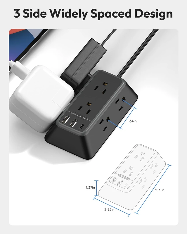Alt view image 5 of 7 - 10FT Black Extension Cord, Power Strip with 6 Outlets & 3 USB Ports (1USB C), 3 Side Outlet Extender, Wall Mounted Extension Cord for Home Office Living Room