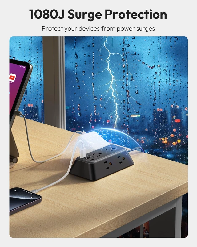 Alt view image 7 of 7 - 10FT Black Extension Cord, Power Strip with 6 Outlets & 3 USB Ports (1USB C), 3 Side Outlet Extender, Wall Mounted Extension Cord for Home Office Living Room