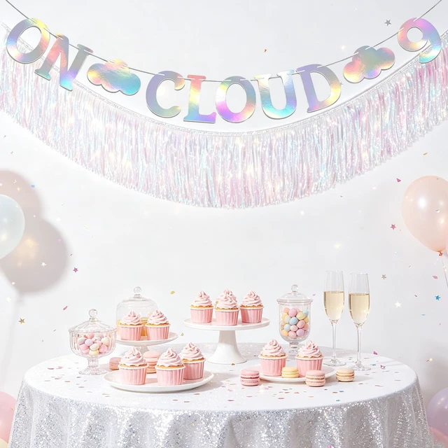 Alt view image 7 of 7 - 2Pcs On Cloud 9 Birthday Decorations for Girls - Cloud 9th Birthday Party Banner, Bachelorette Party Decorations, Iridescent Foil Fringe Curtain Backdrop